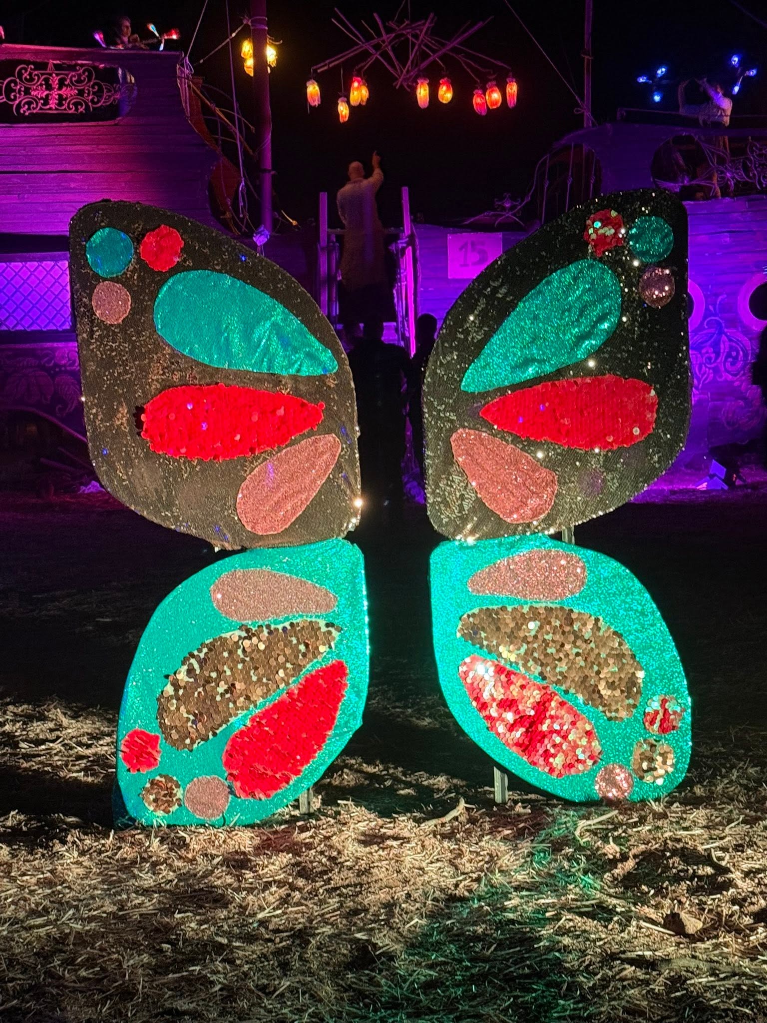 A large colourful butterfly installation on the ground at night.