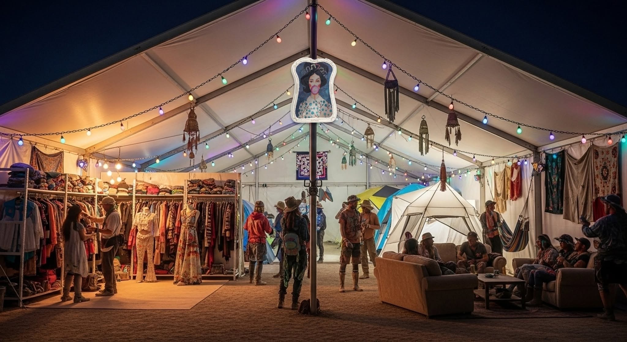A lit tent interior with fabrics, objects and colourful hangings.